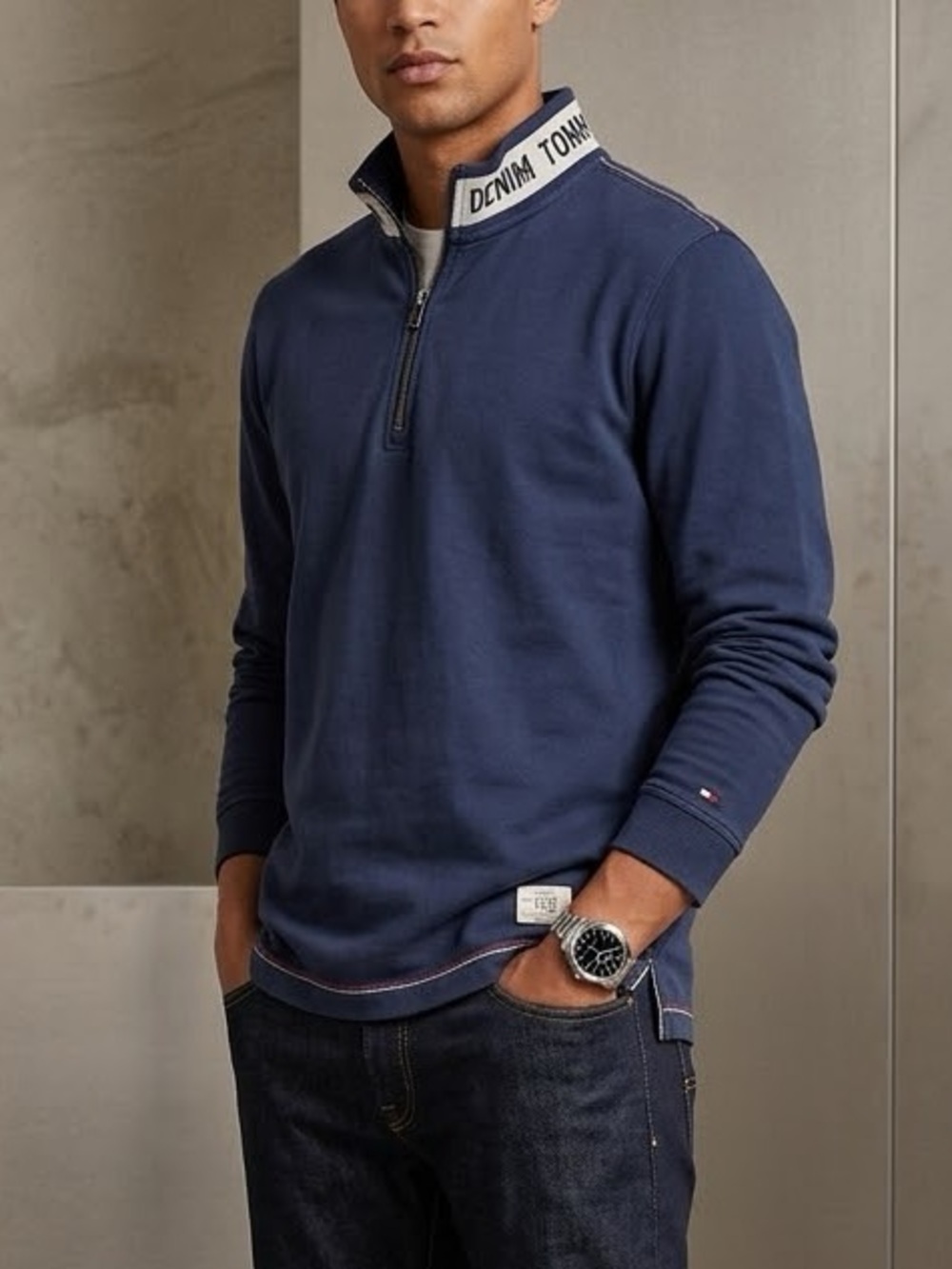 Tommy Hilfiger Denim Mens Navy Blue Logo Collar Quarter Zip Pullover Size M